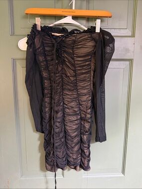 Black Ruched Sheer Off-Shoulder Dress